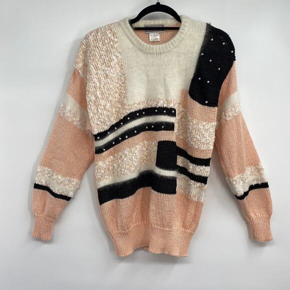 Vintage 80s Pearl Patchwork Sweater Crewneck Pullover Lambswool Angora Womens L - Picture 1 of 5